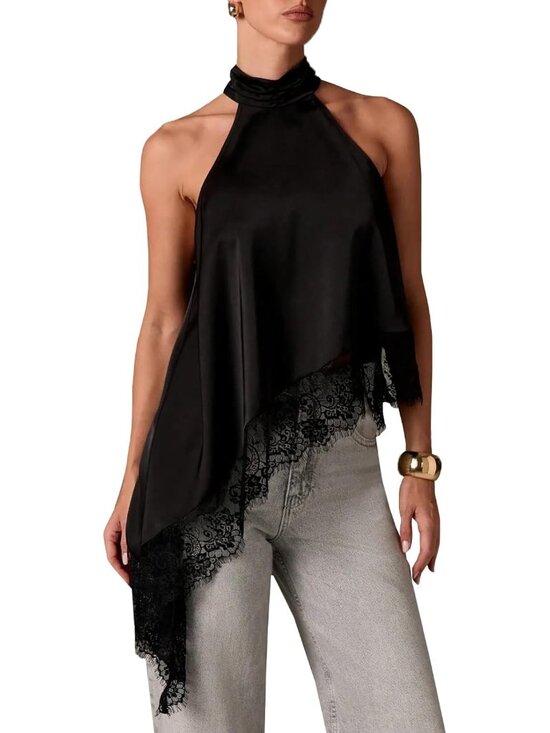 Tops - Women Satin Halter Top Y2K Mock Neck Lace Trim Asymmetrical Hem Tank Top Sleevel